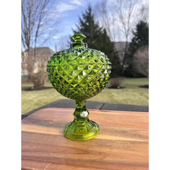 Vintage Westmoreland Emerald Green 10.5”Sawtooth Diamond Compote With Lid